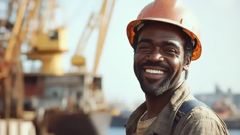 Cheerful African American man at work in a shipyard, showcasing commitment amid asbestos concerns