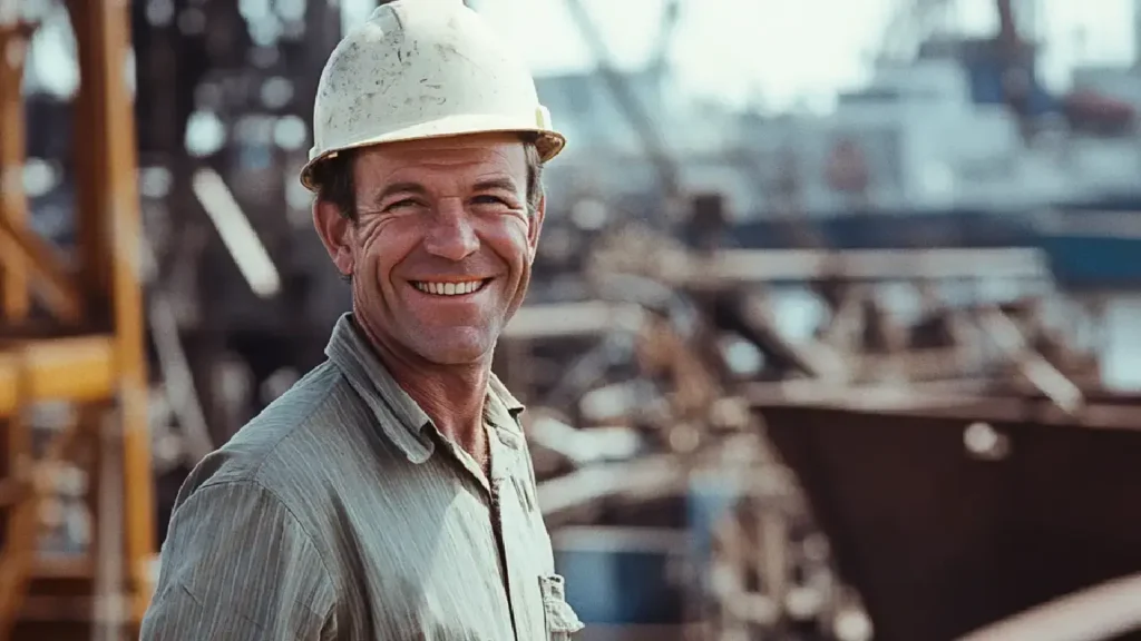 A happy man in hard hat at shipyard, showcasing positivity & commitment to his work