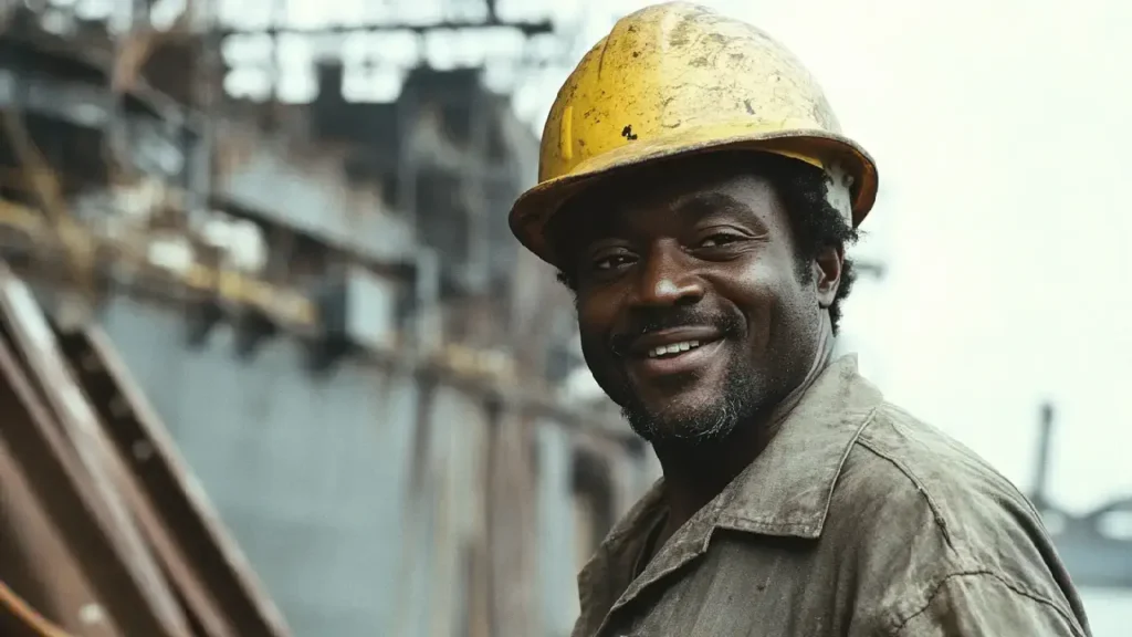 A smiling man in a hard hat stands before a ship, highlighting safety