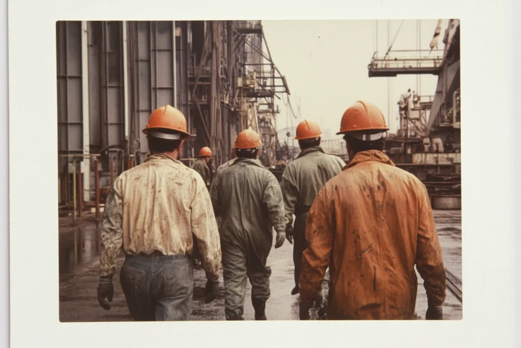 A group of men in hard hats walking down a street, highlighting concerns about asbestos exposure in Virginia