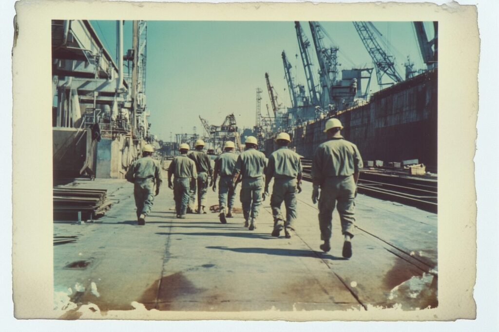 A group of men walking along a dock, highlighting the potential risks of asbestos exposure in Wyoming