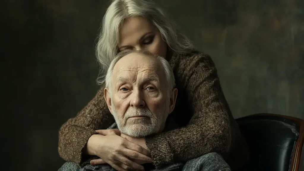 An elderly man hugs a woman, symbolizing love and support amid mesothelioma settlement challenges in Georgia