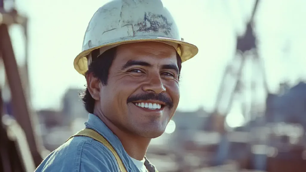 A cheerful man wearing a hard hat, symbolizing safety in the construction industry, related to asbestos exposure in New York