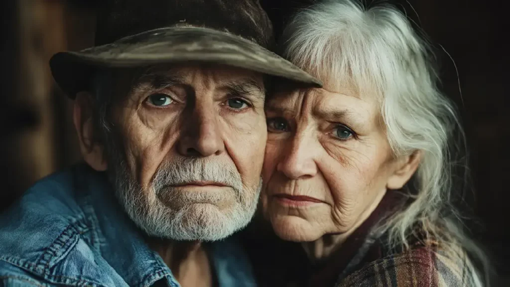 An older couple wearing hats, enjoying a moment together, symbolizing companionship and resilience in life