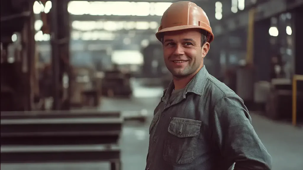 A man in a hard hat highlights safety measures in a Detroit factory with asbestos exposure