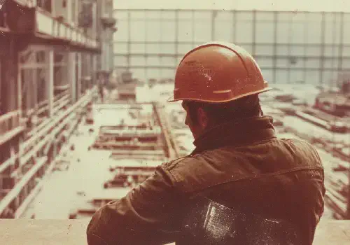 A man in a hard hat surveys a factory, highlighting concerns about asbestos exposure in Houston
