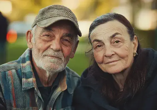 An older couple smiles warmly for a photo, capturing their joy and companionship