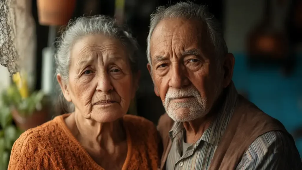 An elderly couple looks solemnly into the camera, symbolizing the impact of mesothelioma settlements in San Francisco.