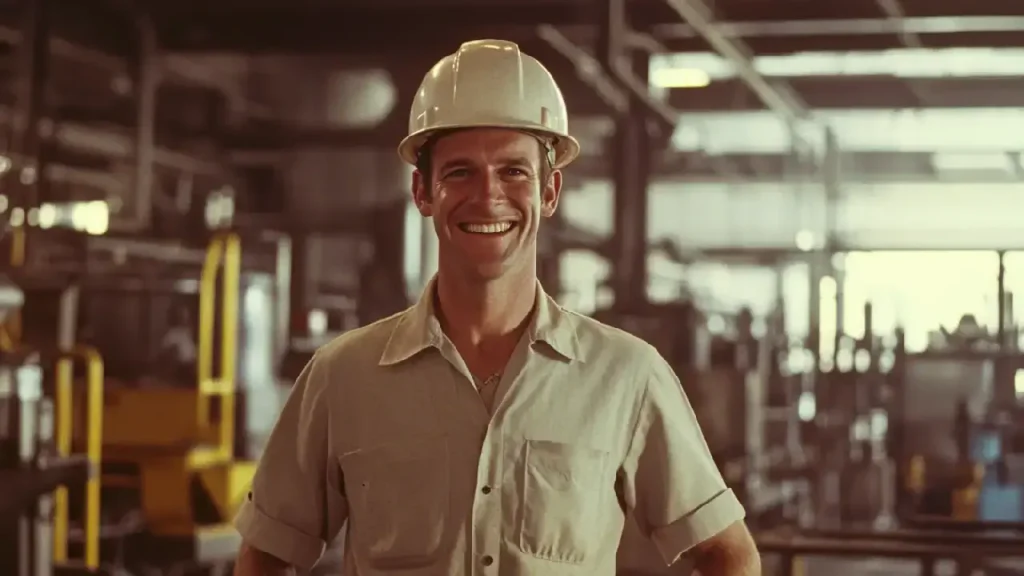 A smiling man in hard hat at Baltimore factory, symbolizing safety in an asbestos-exposure environment