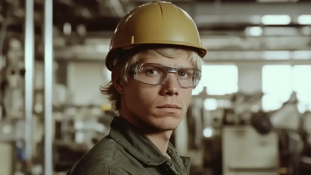 A man in a hard hat and glasses works safely in a Kansas factory with asbestos exposure