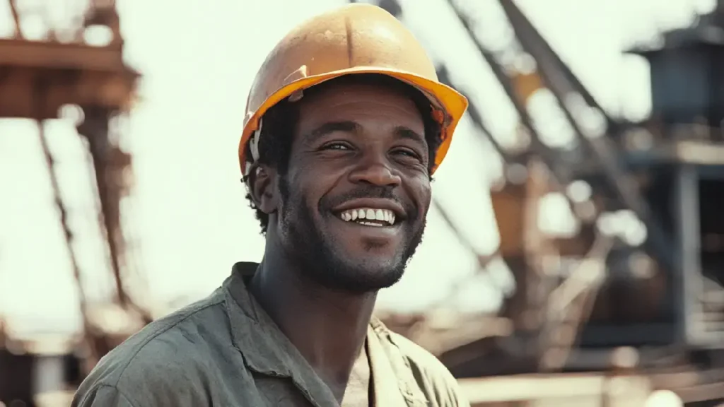 A cheerful Black man in a hard hat, representing hope and safety in the face of asbestos challenges in Libby