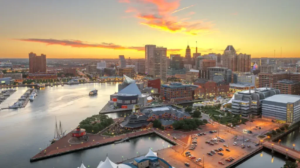 A stunning sunset showcases Baltimore's architectural beauty