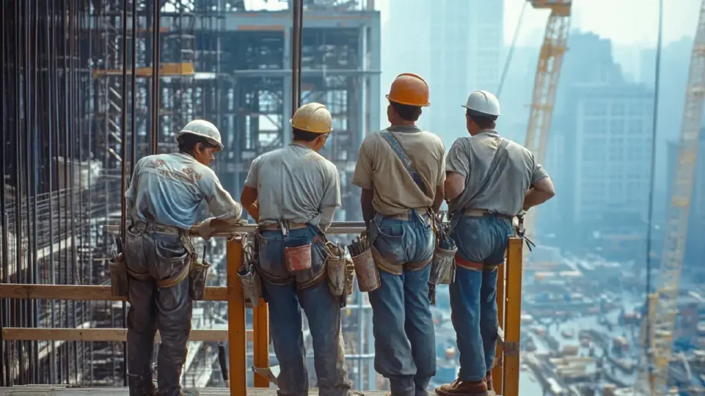 Four construction workers in hard hats discuss plans on a site filled with materials and equipment