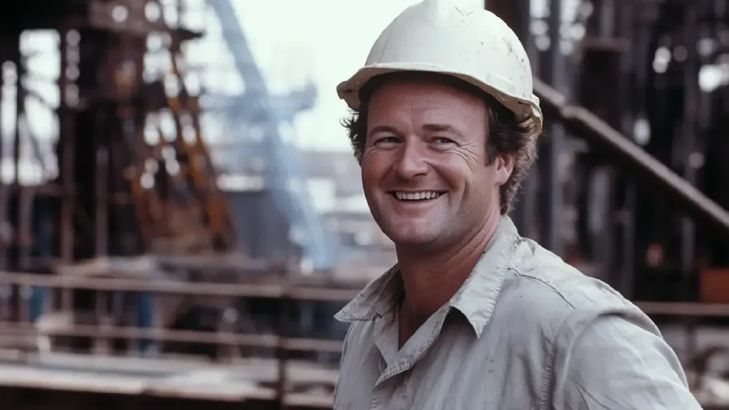 A man in a hard hat smiles confidently in front of a ship, symbolizing maritime safety