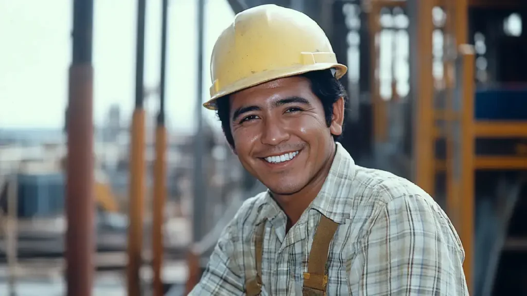 A smiling man in a hard hat and plaid shirt, symbolizing construction safety and asbestos awareness