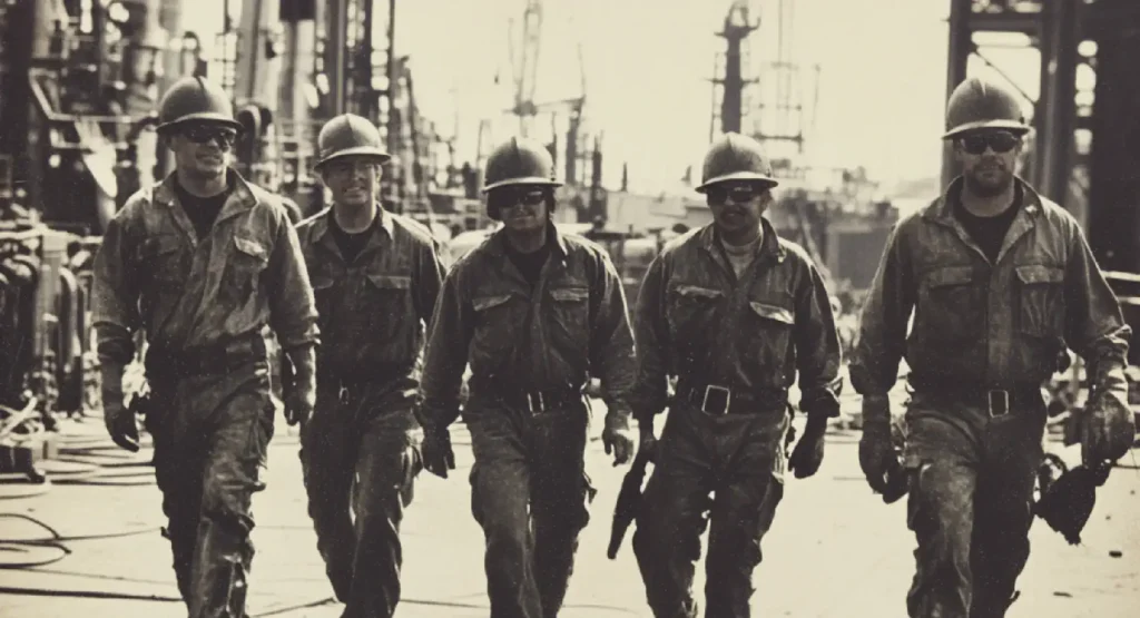 Several men in hard hats on a dock, showcasing teamwork and focus