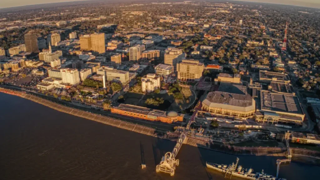 Aerial view of New Orleans, highlighting its unique architecture & landscape