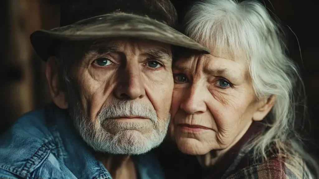 A senior couple in hats sharing a joyful moment in nature