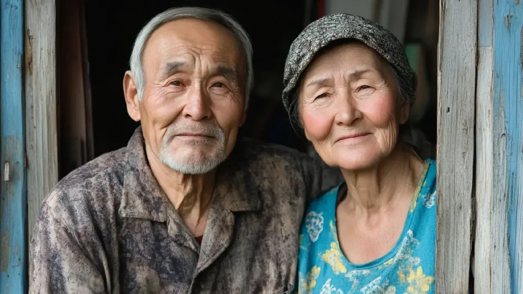 An older couple smiles in front of a vibrant blue door