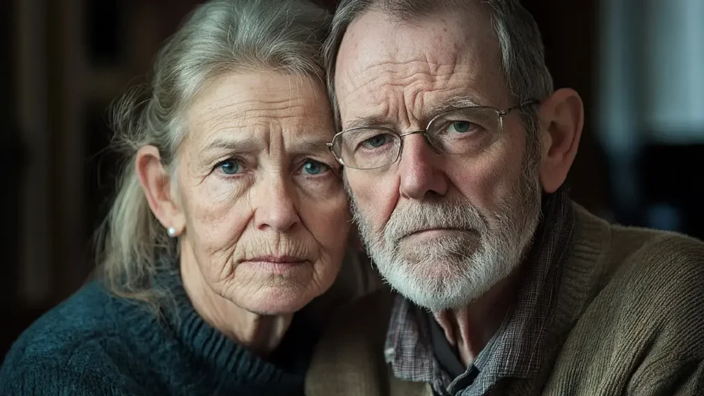 An older couple smiles warmly at the camera, embodying love in a serene setting