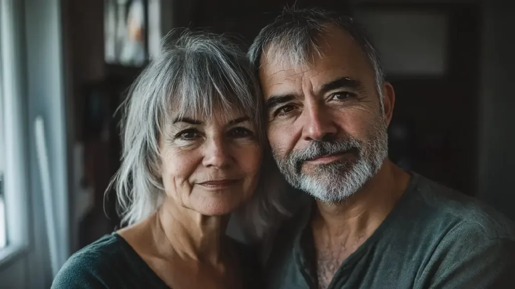 An older couple smiles warmly for a photo, capturing their joy and companionship