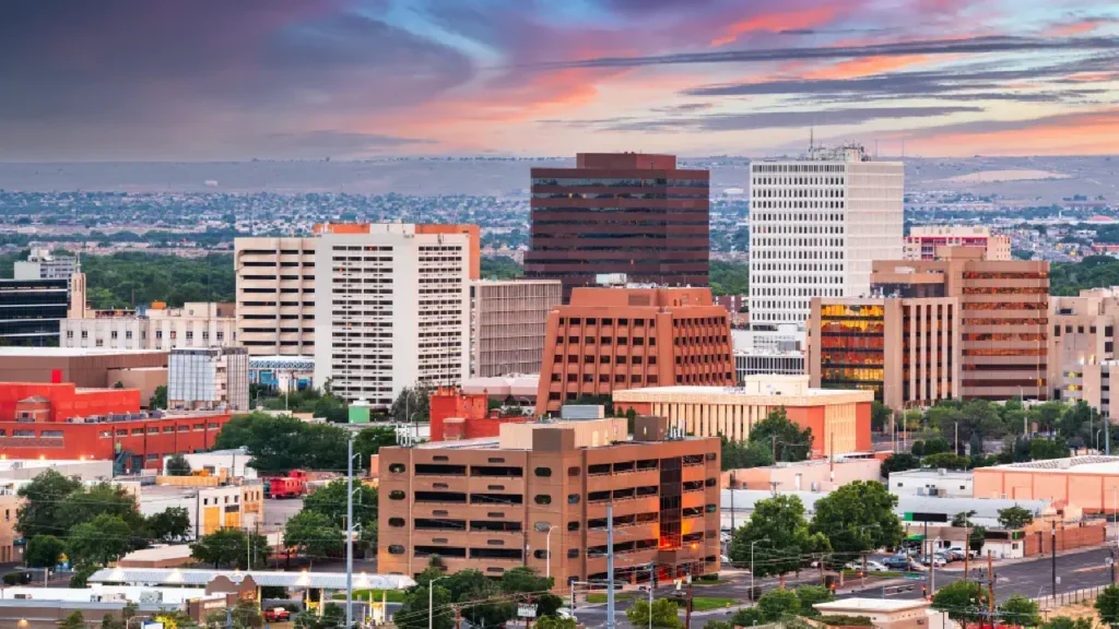 A panoramic view of Albuquerque, New Mexico, showcasing its unique architecture and desert landscape