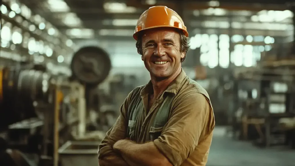 A smiling man wearing an orange hard hat stands confidently in a factory setting, promoting safety and awareness