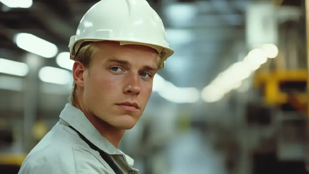 A man in a hard hat stands in a factory, highlighting safety measures in an asbestos-exposure environment