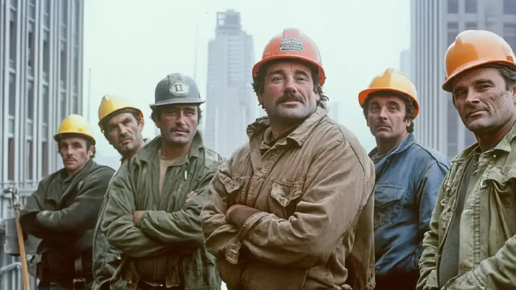 Men in hard hats stand before buildings, raising concerns about asbestos exposure in Las Vegas