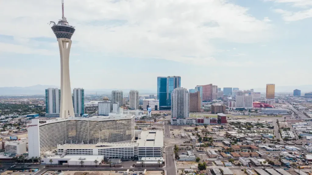 Aerial view of Las Vegas, showcasing the vibrant cityscape and iconic landmarks of Nevada, United States