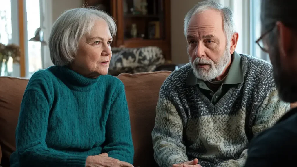An older couple chats on a cozy couch in their living room