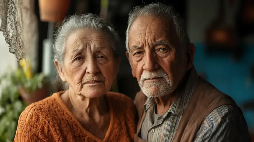An older couple shares a warm moment by a window in their home