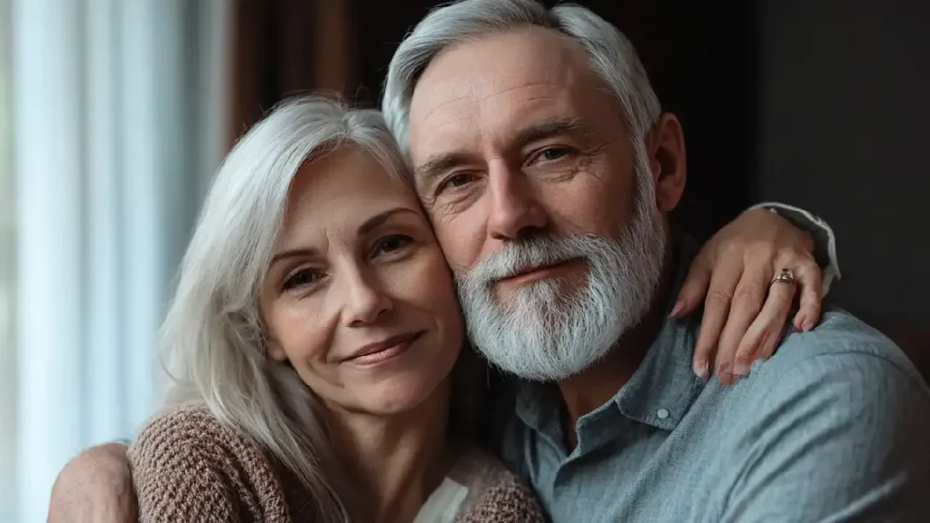 An older couple embraces, smiling warmly, symbolizing love and support through challenges