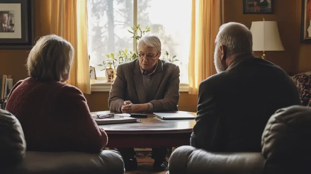 Three people discussing mesothelioma treatment options in Minneapolis