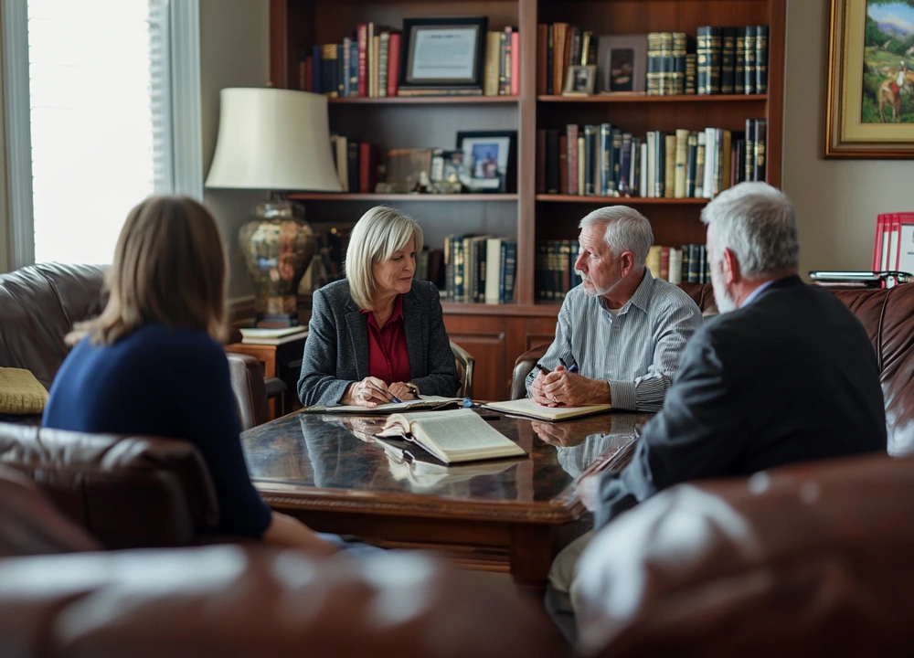 older couple sitting together on a couch with legal advisors