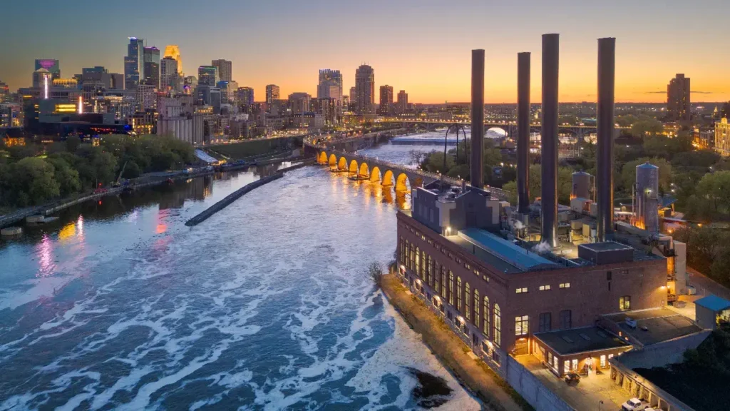 Aerial view of Minneapolis skyline at sunset