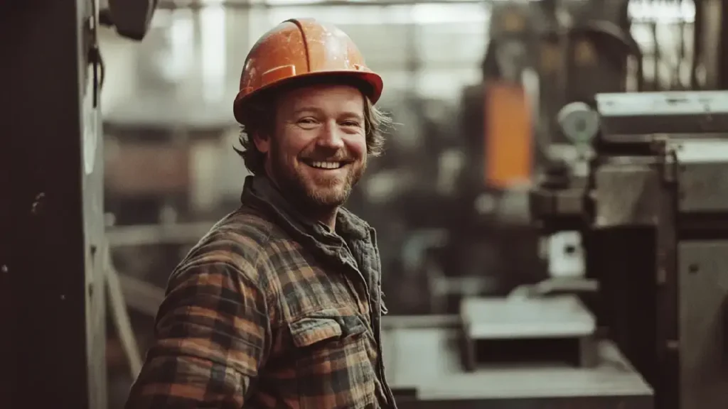 A cheerful man in a hard hat emphasizes safety in asbestos environments