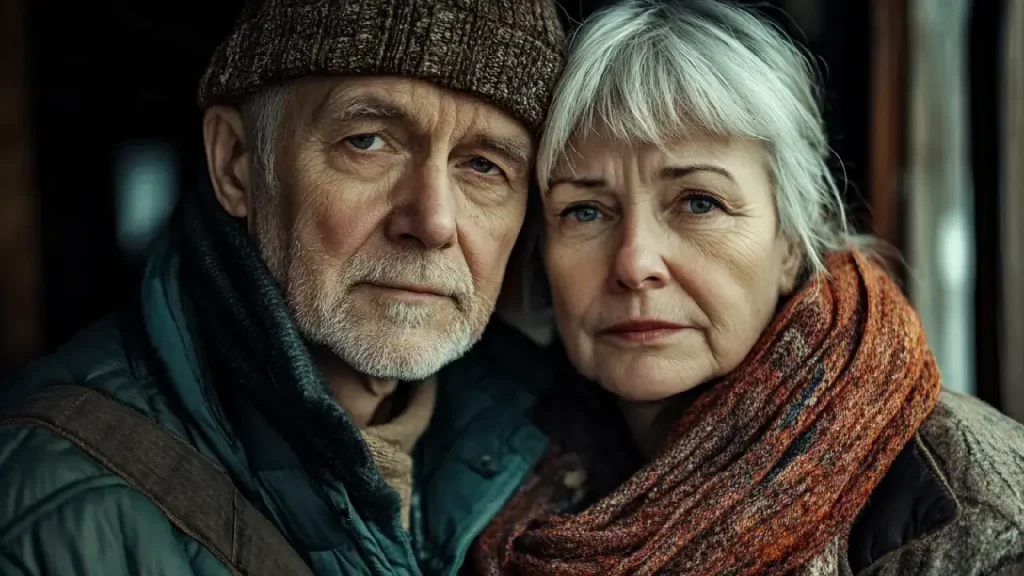 A joyful older couple stands side by side, posing for a photo that reflects their enduring love and shared memories