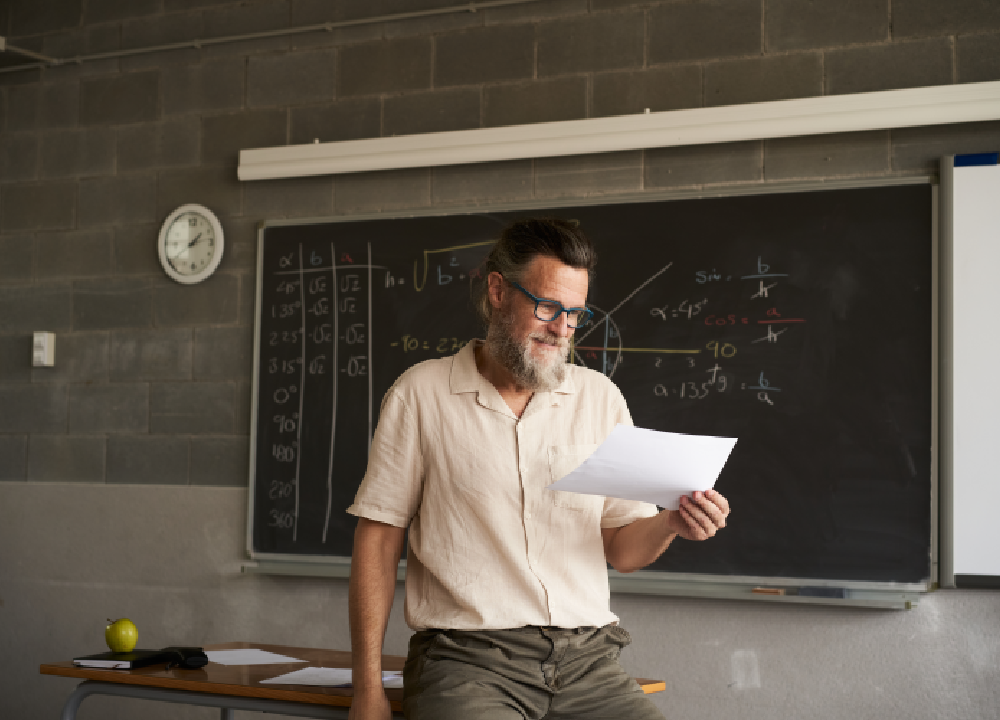 Teacher standing in an old classroom with cracked ceiling tiles and worn-out walls