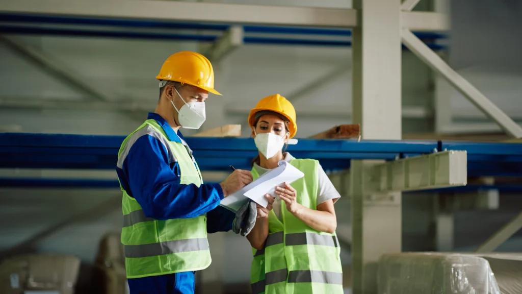 OSHA inspector wearing safety gear while inspecting a workplace for asbestos compliance.