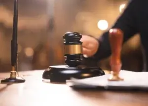 Gavel in courtroom setting representing talcum powder lawsuit trial