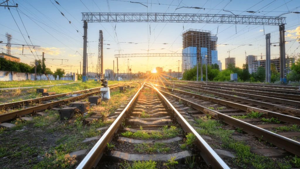 Railroad Asbestos Claims - railroad tracks disappearing into the distance with subtle warning symbols for asbestos.