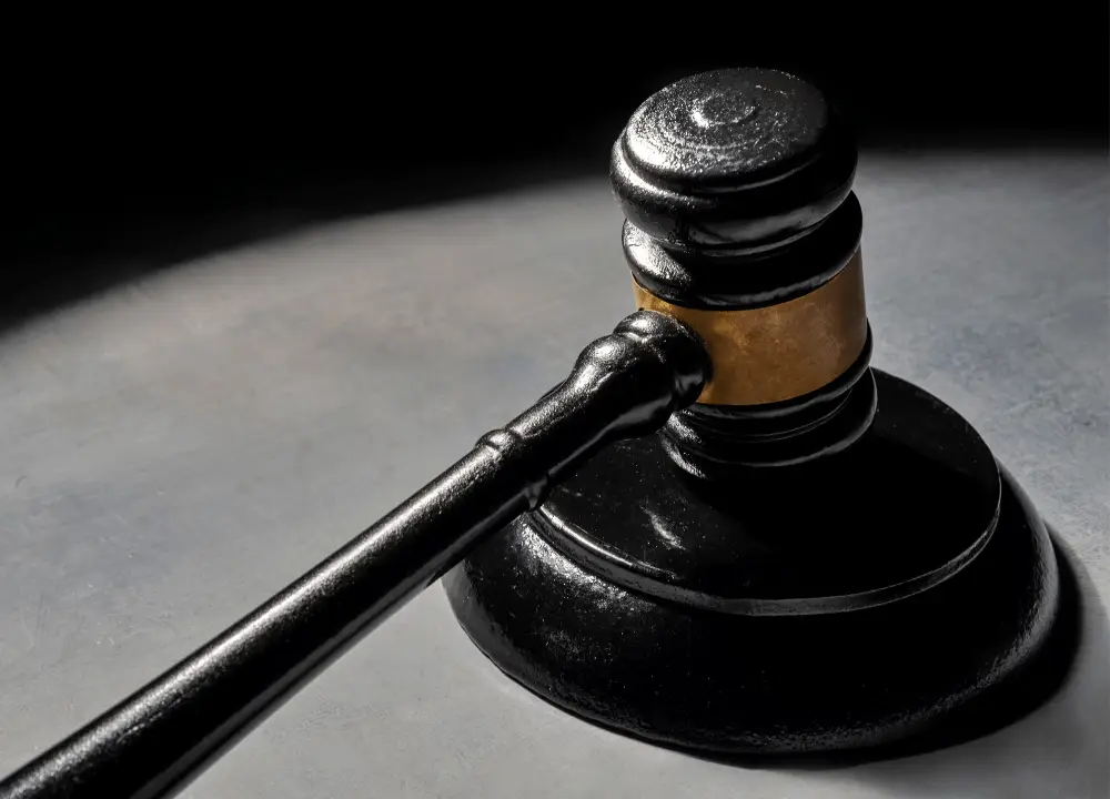 Wooden gavel on a sound block representing legal proceedings