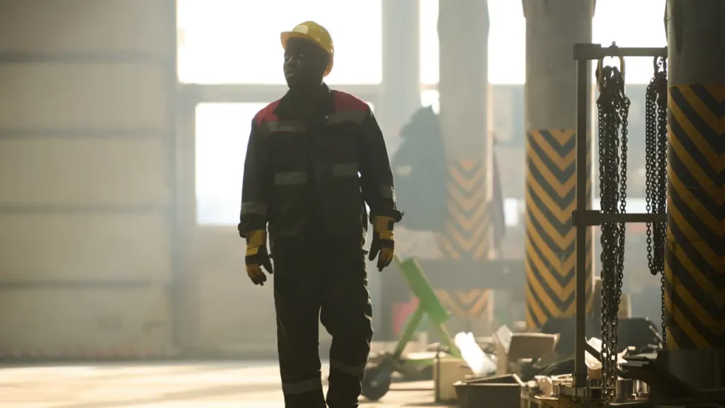 Industrial worker walking through a dusty factory environment, representing occupations at risk for asbestos exposure.